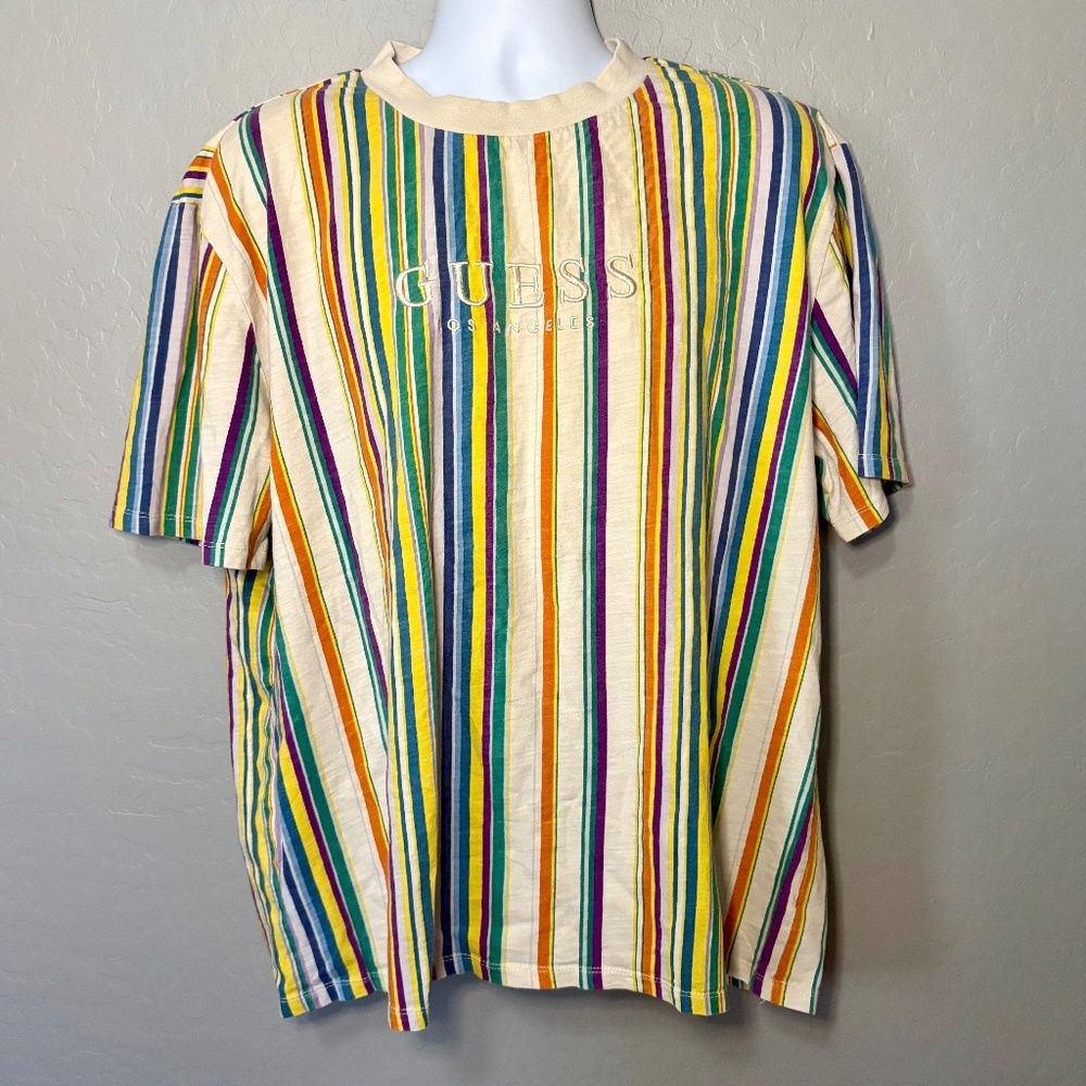 Guess Multi Colored Striped Crew Neck T Shirt Embroidered Size XL